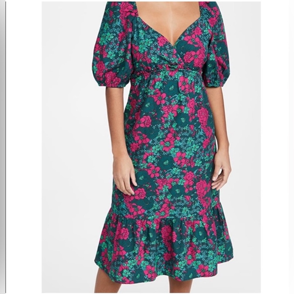 Rahi Floral Multi Color Fuchsia Teal Puff Sleeve Midi Dress Size Small